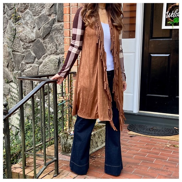 Boho Light faux suede fringed cardigan with plaid sleeves contrast - Picture 3 of 6